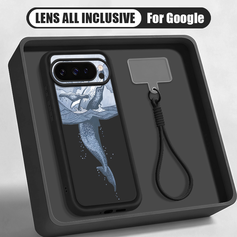 Google Pixel 9 Pro - เคสโทรศัพท์ซิลิโคนนิ่มลายปลาวาฬหลังโค้ง พร้อมสายคล้องข้อมือ สำหรับ Google Pixel 10