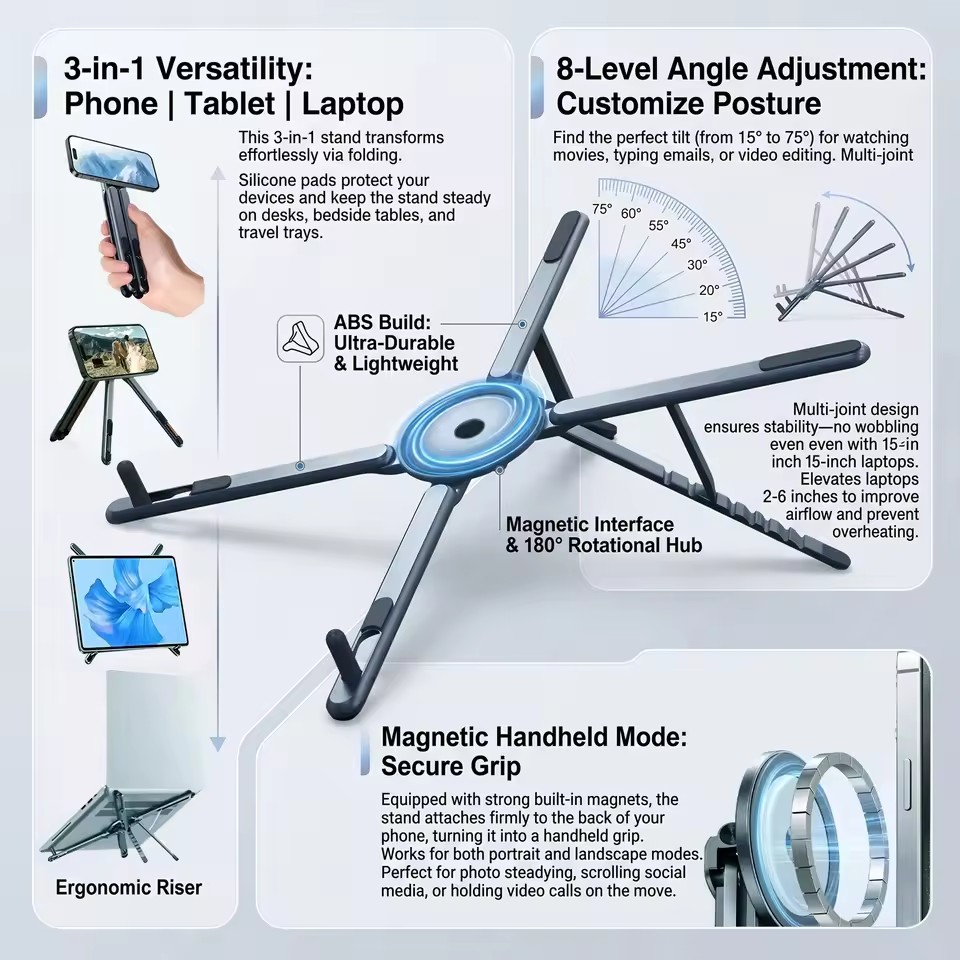 Useful Tablet Accessories - ที่วางโทรศัพท์แม่เหล็กแบบพกพาและไม้เซลฟี่ 3-in-1 ขาตั้งกล้องพับได้สำหรับ iPhone, iPad, แท็บเล็ต,