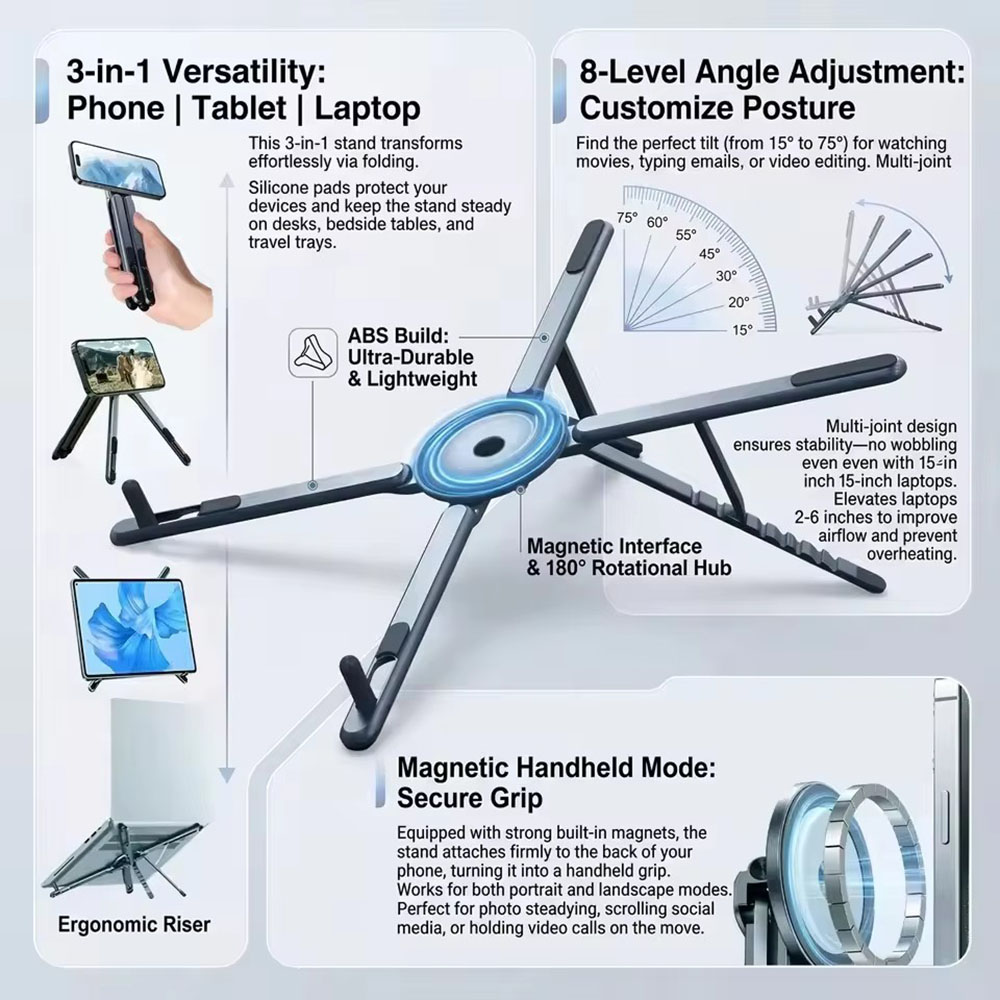 Tablet Phone Accessories - ที่วางโทรศัพท์แม่เหล็กแบบพกพาและไม้เซลฟี่ 3-in-1 ขาตั้งกล้องพับได้สำหรับใช้งานกับ iPhone, iPad, แท็บเล็ต,
